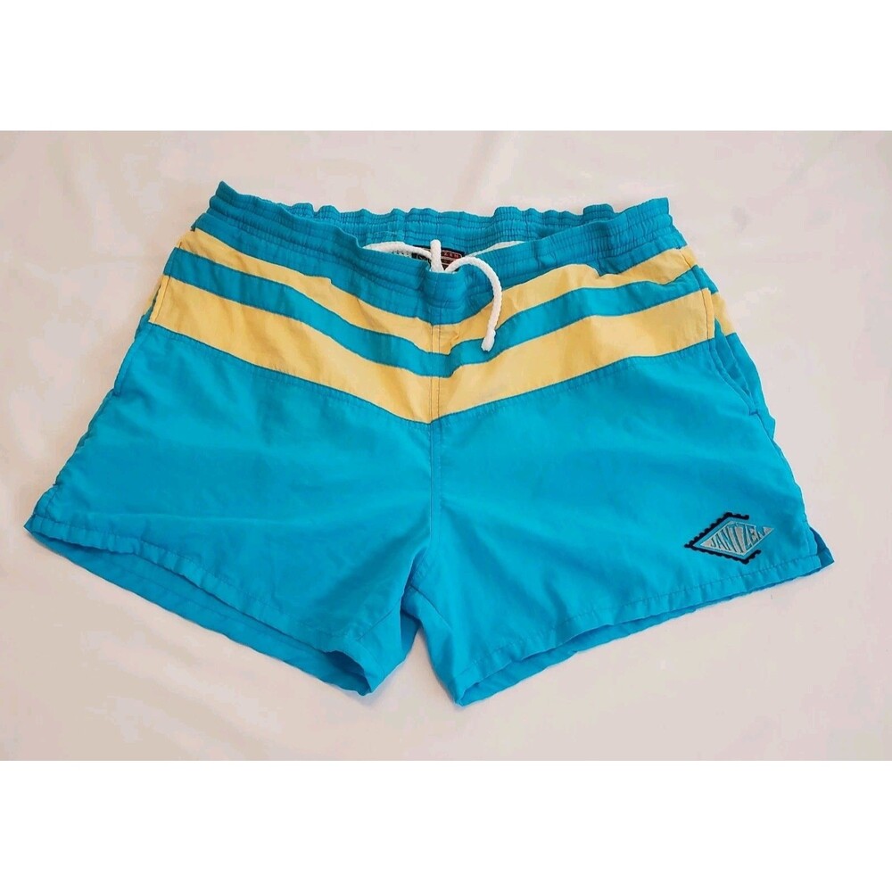 Vtg Jantzen Sport Mens Sz Large L Yellow Teal Pull On Swim Trunks Lined 80s 90s